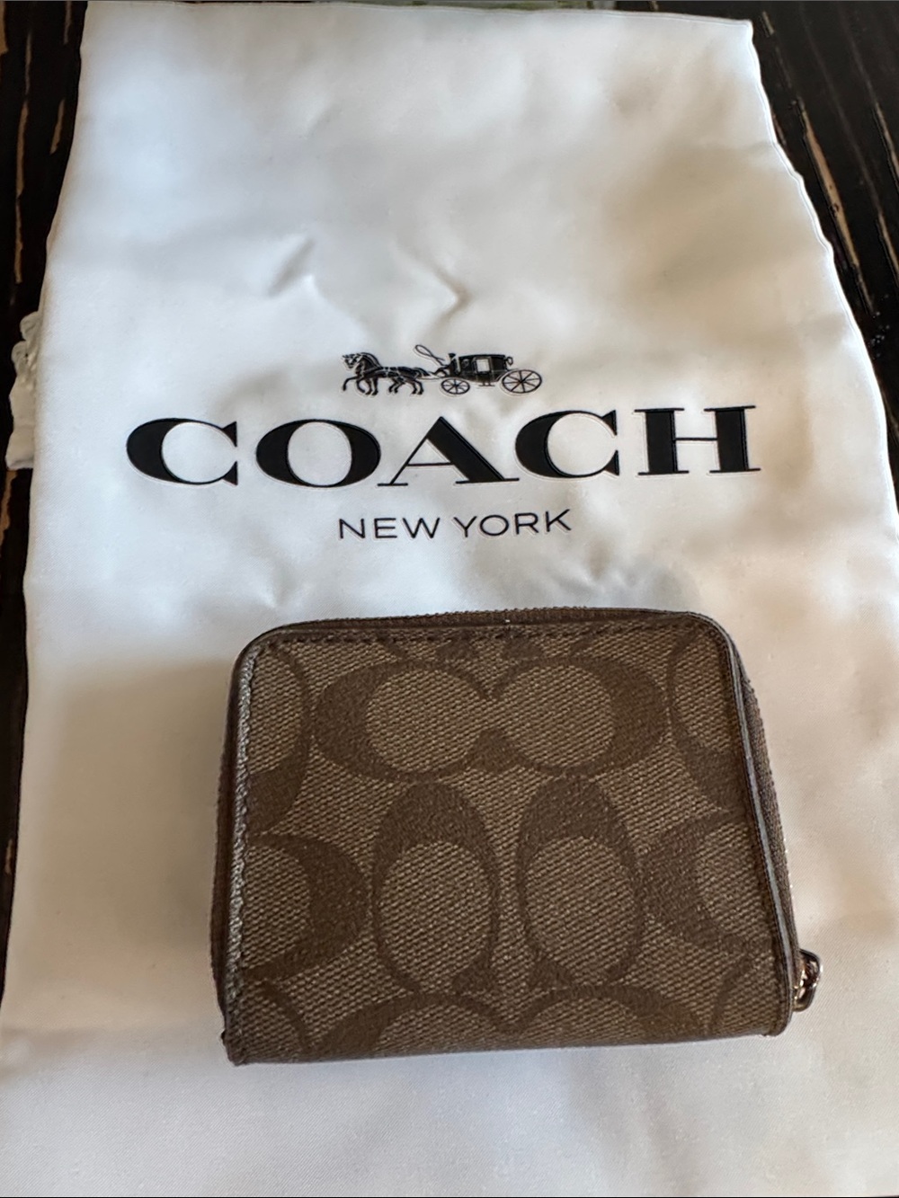 Coach Small Trifold Wallet Signature Canvas Khaki/Saddle Brown colorway - Picture 2 of 6
